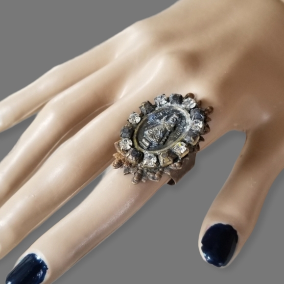 Vintage Jewelry - Hand Crafted Repurposed Vintage Infant of Prague Relic Medal Rhinestone Ring